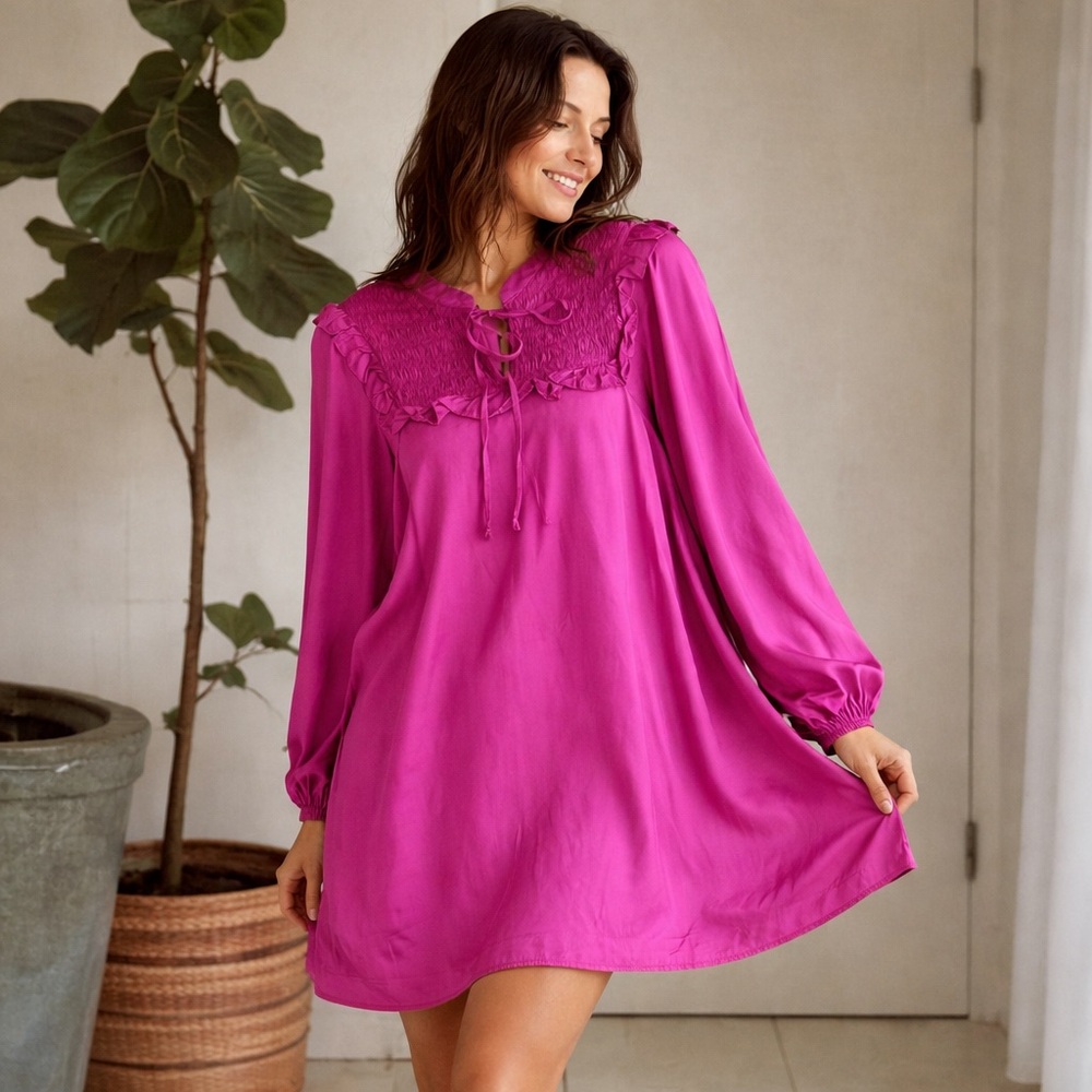Romantic Boho Babydoll Mini Dress Smocked Yoke Ruffle Pink Long Sleeve